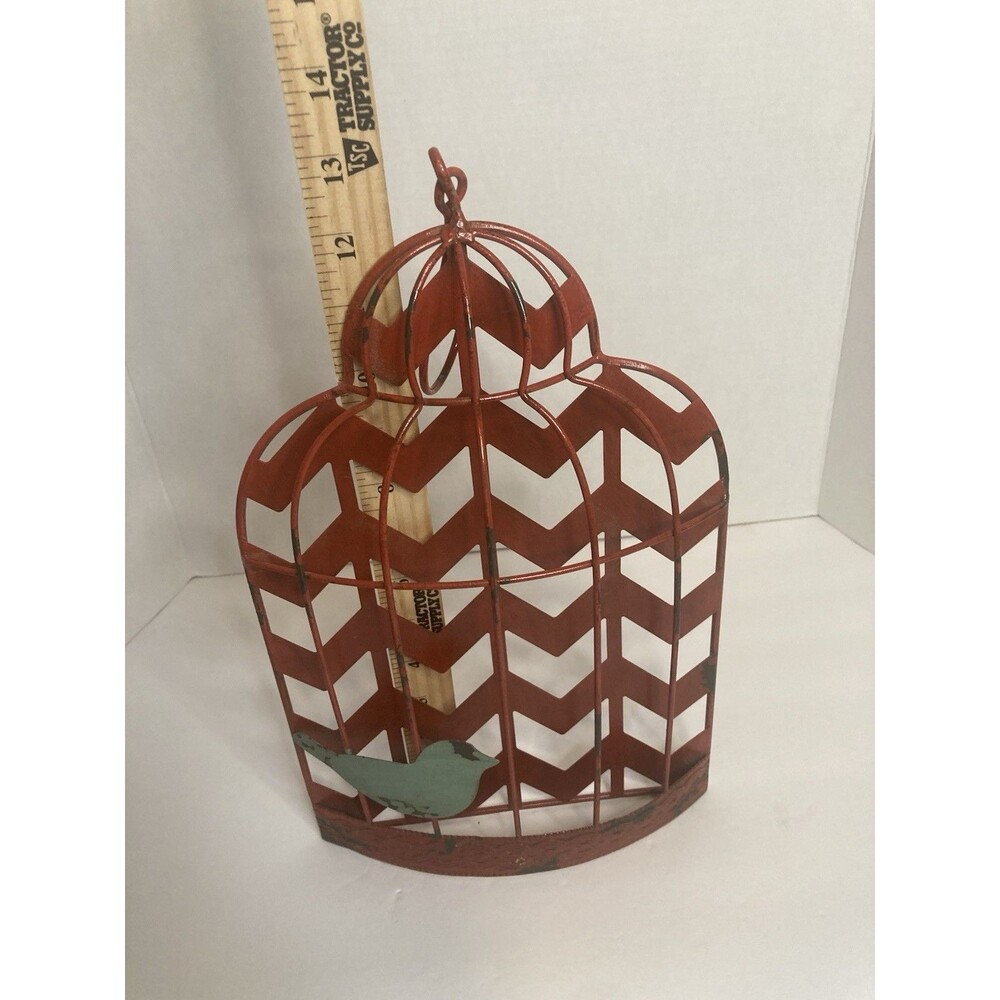 Rustic Bird Cage Red Teal Metal Wire Hanging Wall Mount Decorative Decor 13x8 - Picture 5 of 8